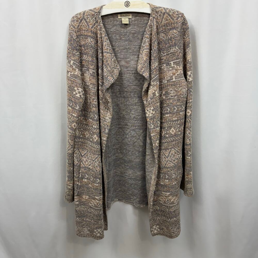 Lucky Brand Southwestern Print Long Sleeve Open Front Pockets Sweater Duster M